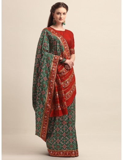 KAPAAHA Woven Navratan Patola Saree (Dark Green)